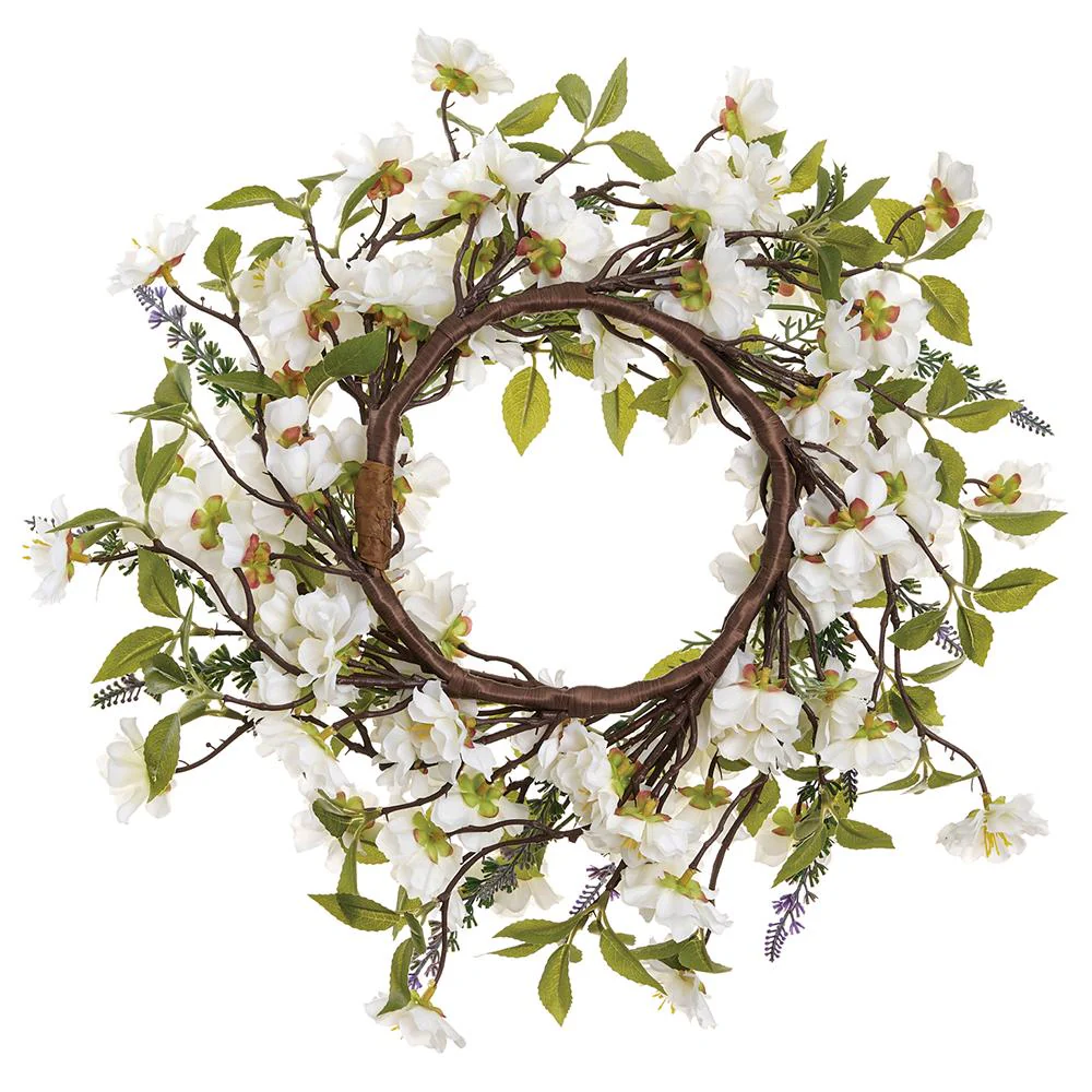 15" Cherry Blossom & Lavender Silk Flower Wreath -Cream/Lavender (Pack of 2) - Image 2