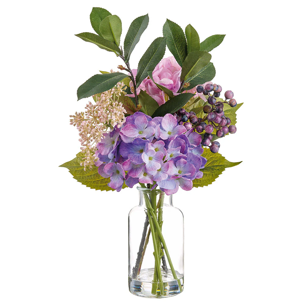 15" Hydrangea, Queen Anne's Lace Silk Flower Arrangement w/Glass Vase -Mixed Colors (Pack of 4)