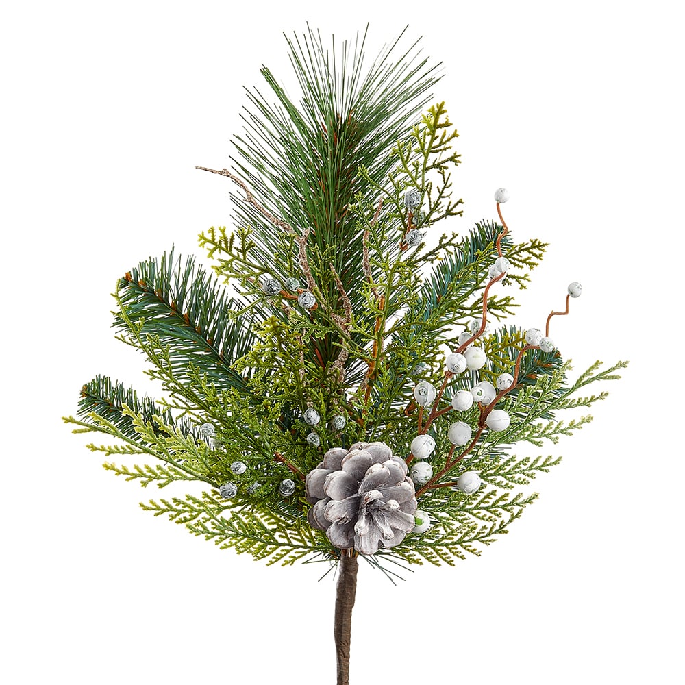 15" Mixed Artificial Pinecone, Berry & Pine Stem Pick -Green/Whitewashed (Pack of 24)