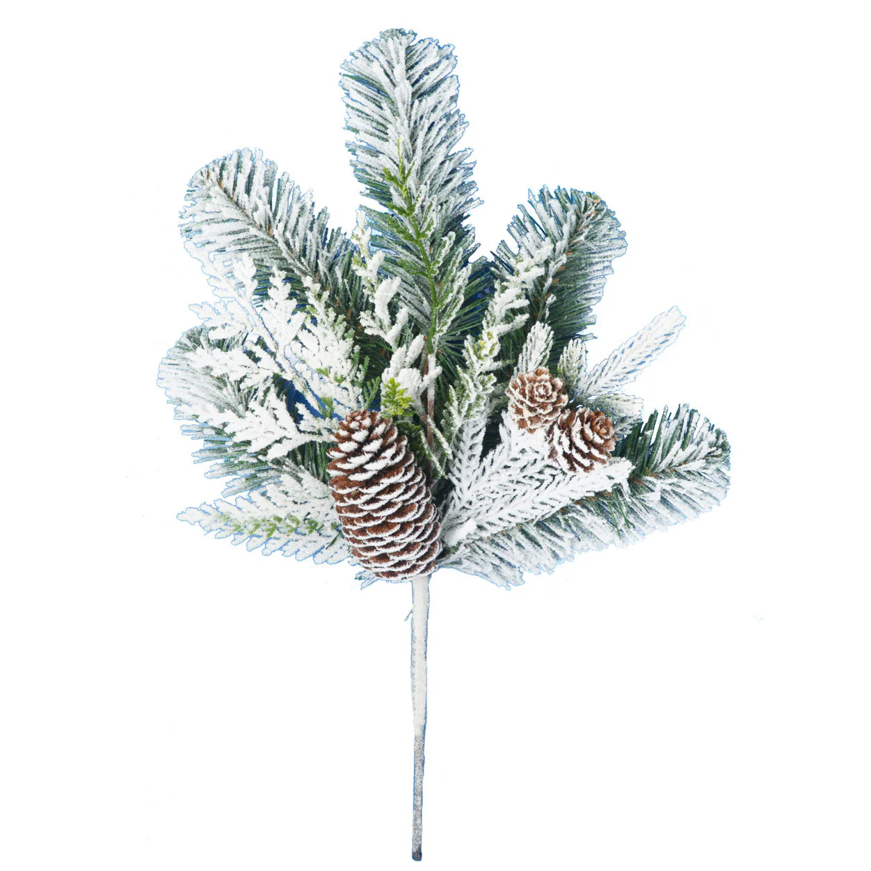 15" PE Mixed Flocked Douglas Fir & Pinecone Artificial Stem -White/Green (Pack of 24)