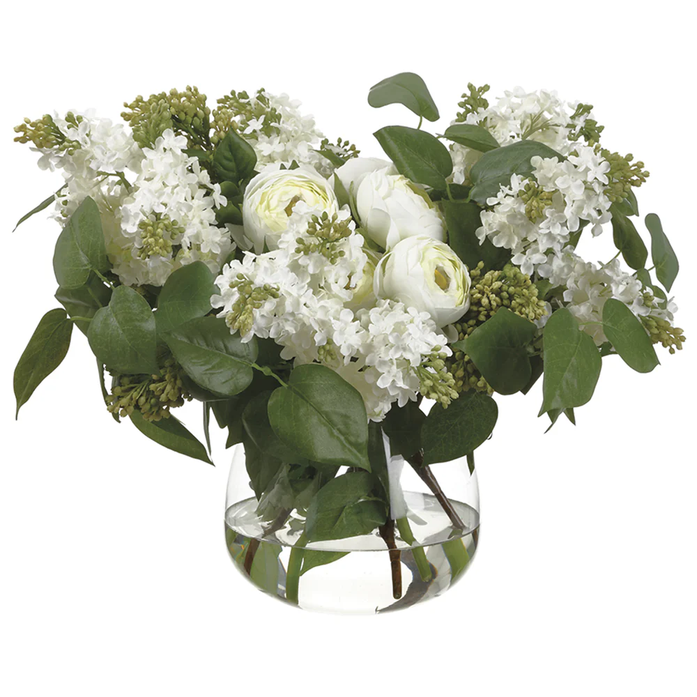 15" Silk Lilac & Ranunculus Flower Arrangement w/Glass Vase -Cream/Green