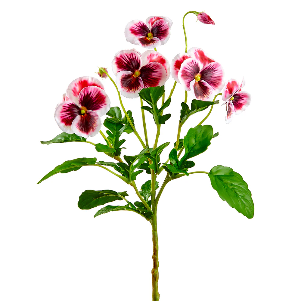 15" Silk Pansy Flower Stem -White/Burgundy (Pack of 12)