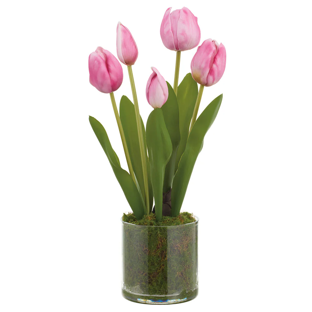 15" Tulip Artificial Flower Arrangement w/Clear Plastic Pot -Fuchsia (Pack of 6)