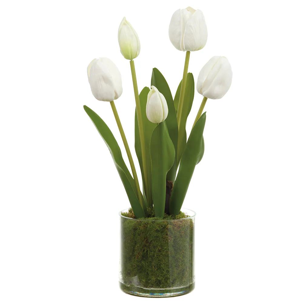 15" Tulip Artificial Flower Arrangement w/Clear Plastic Pot -White (Pack of 6)