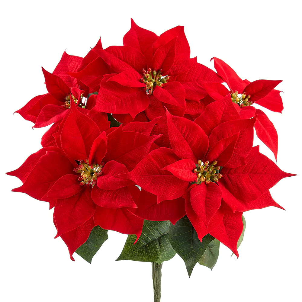 15" Velvet Artificial Poinsettia Flower Bush -Red (Pack of 12)