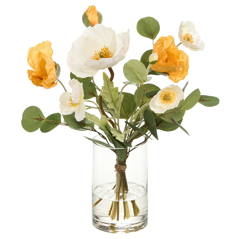 15"Hx12.5"W Poppy Silk Flower Arrangement w/Glass Vase -Yellow/Cream