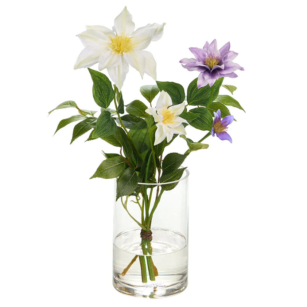 15"Hx12"W Clematis Silk Flower Arrangement w/Glass Vase -Lavender/White