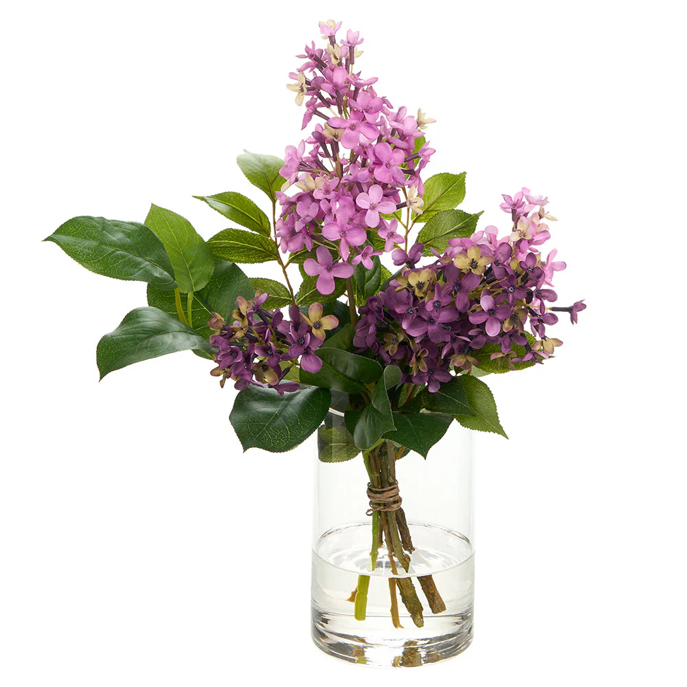 15"Hx13"W Lilac Silk Flower Arrangement w/Glass Vase -2 Tone Lilac