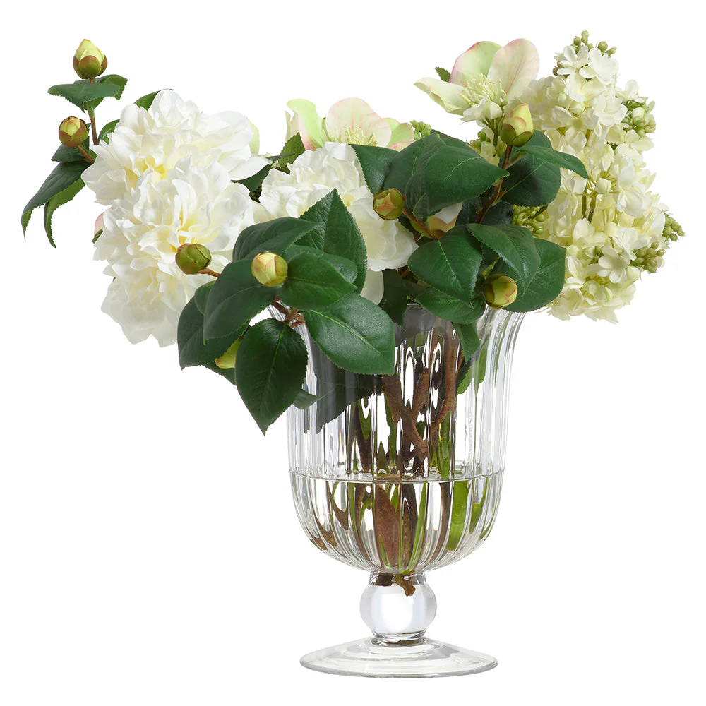 15"Hx17"W Helleborus, Lilac & Camelia Silk Flower Arrangement w/Glass Vase -Green/Cream