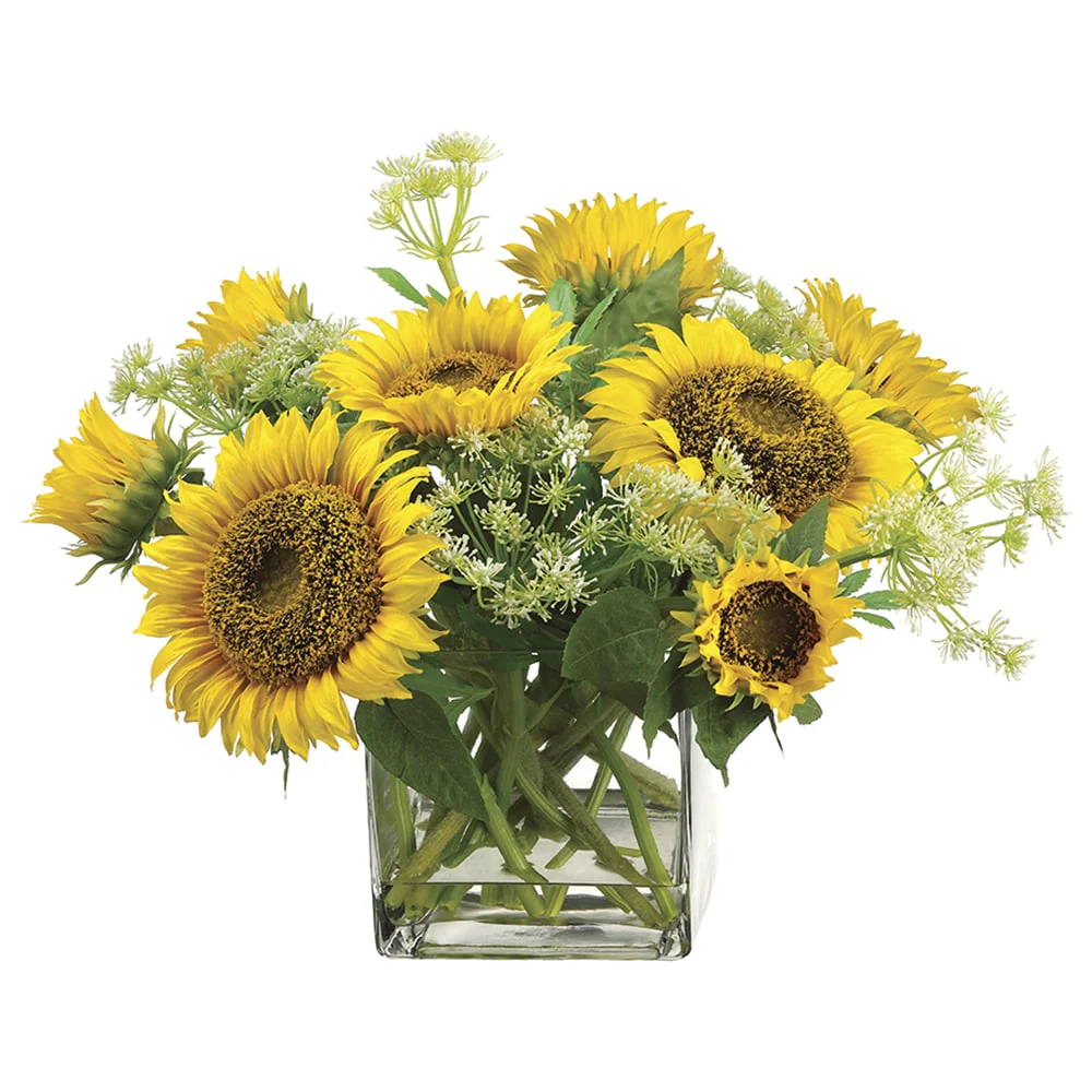 15"Hx18"W Sunflower & Queen Anne's Lace Silk Flower Arrangement -Yellow