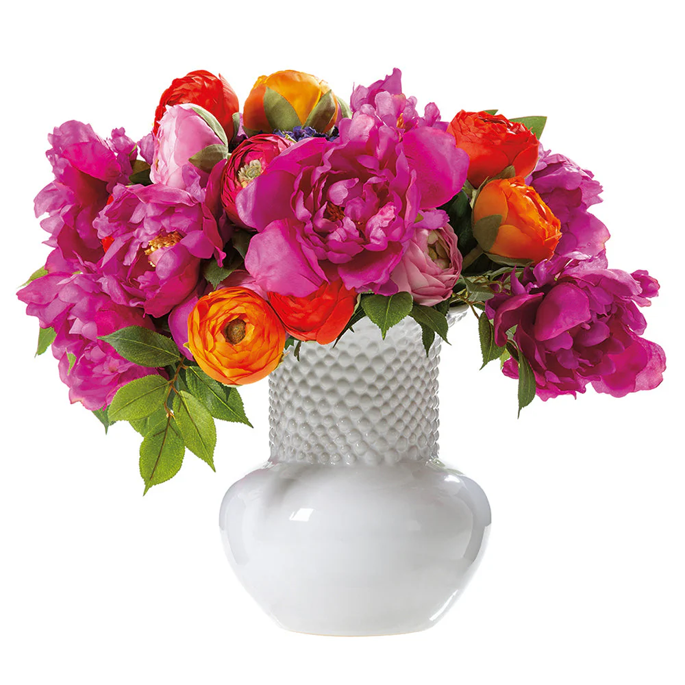 15"Hx19"W Mixed Ranunculus & Peony Silk Flower Arrangement w/Ceramic Vase -Mixed Colors