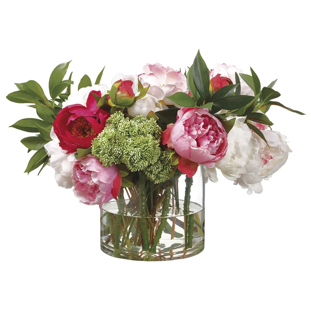 15"Hx23"W Mixed Silk Peony Flower Arrangement w/Glass Vase -Pink/Rubrum