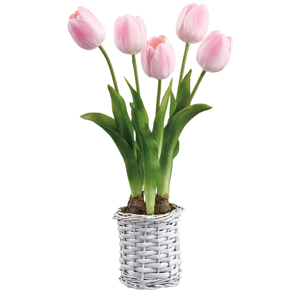 16.5" Tulip & Bulb Silk Flower Arrangement w/Basket -Pink (Pack of 4)