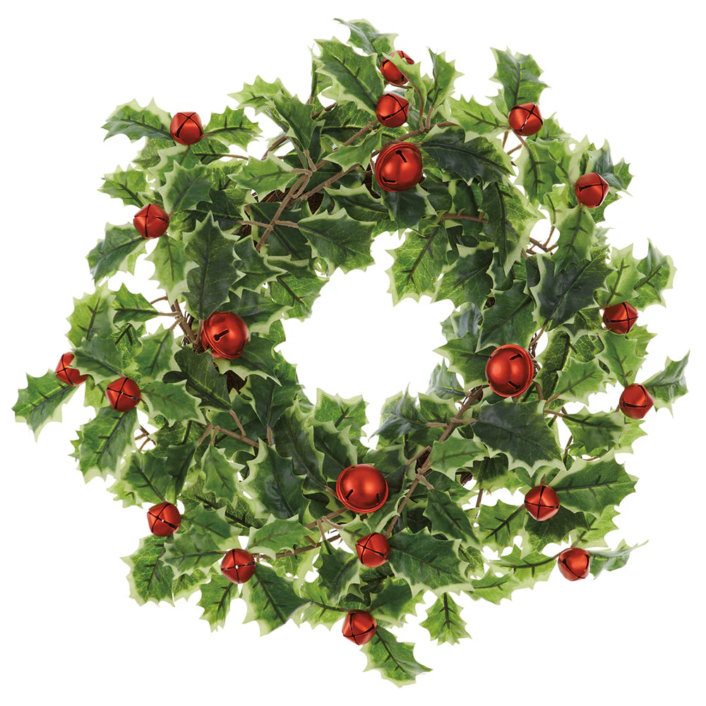16" Artificial Holly Leaf With Jingle Bells Wreath -Variegated/Red (Pack of 6)