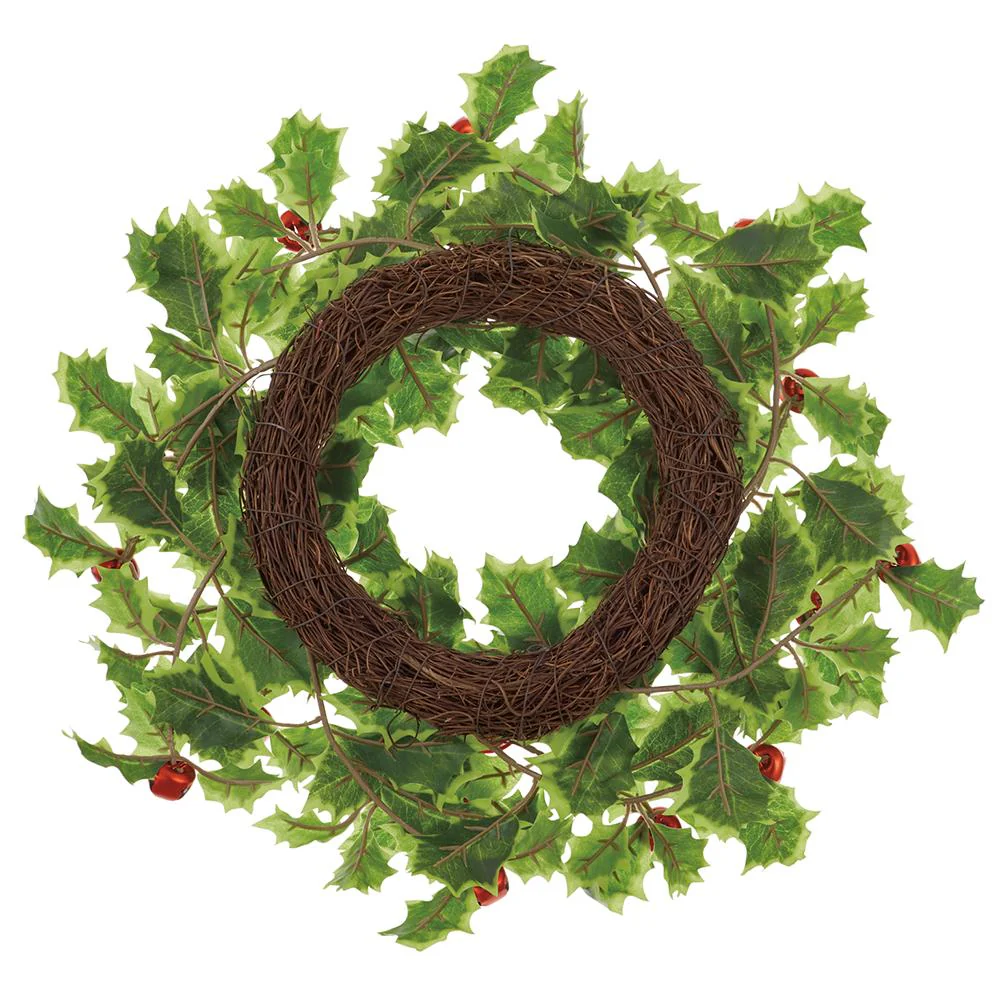 16" Artificial Holly Leaf With Jingle Bells Wreath -Variegated/Red (Pack of 6) - Image 2