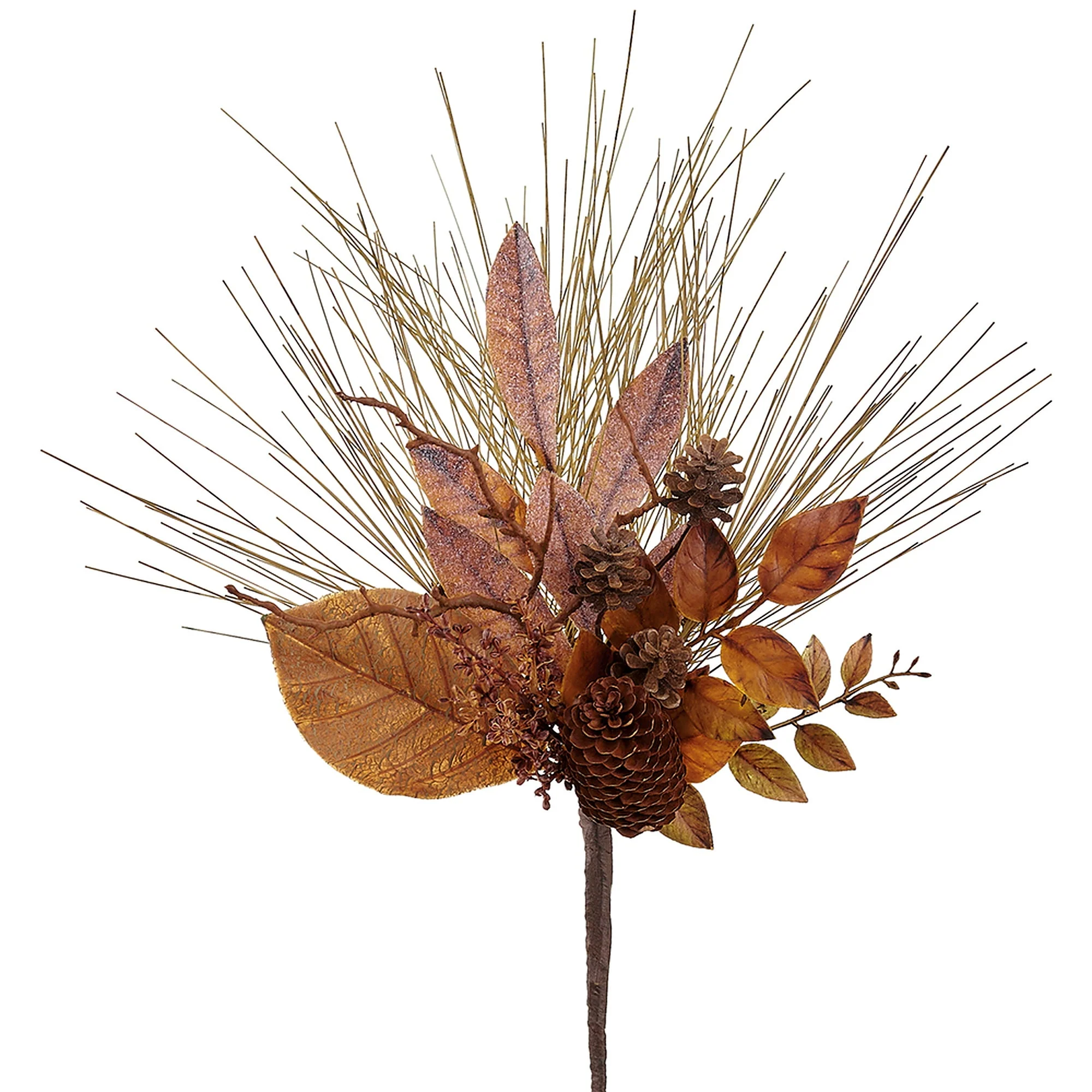 16" Artificial Mixed Pinecone, Bay Leaf & Pine Stem Pick -Brown/Green (Pack of 12)