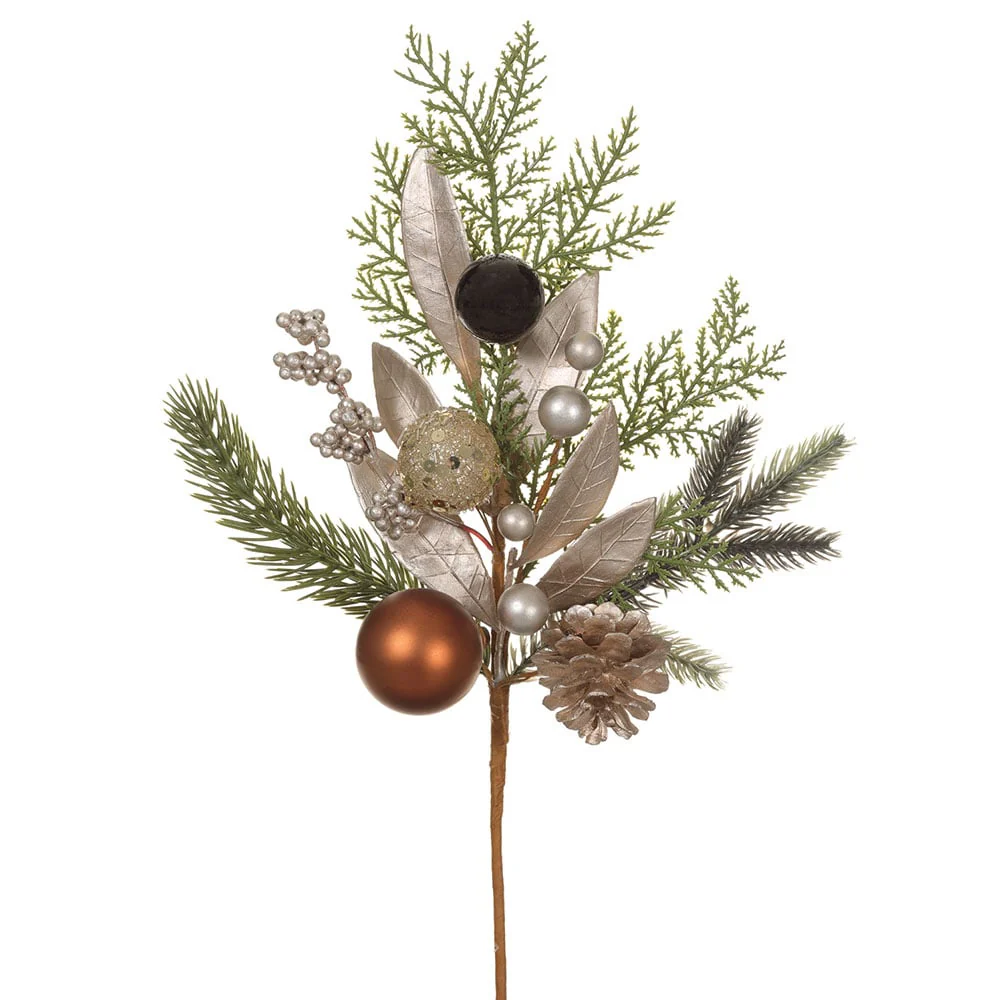 16" Artificial Ornament Ball, Pinecone & Pine Stem -Gold/Green (Pack of 12)