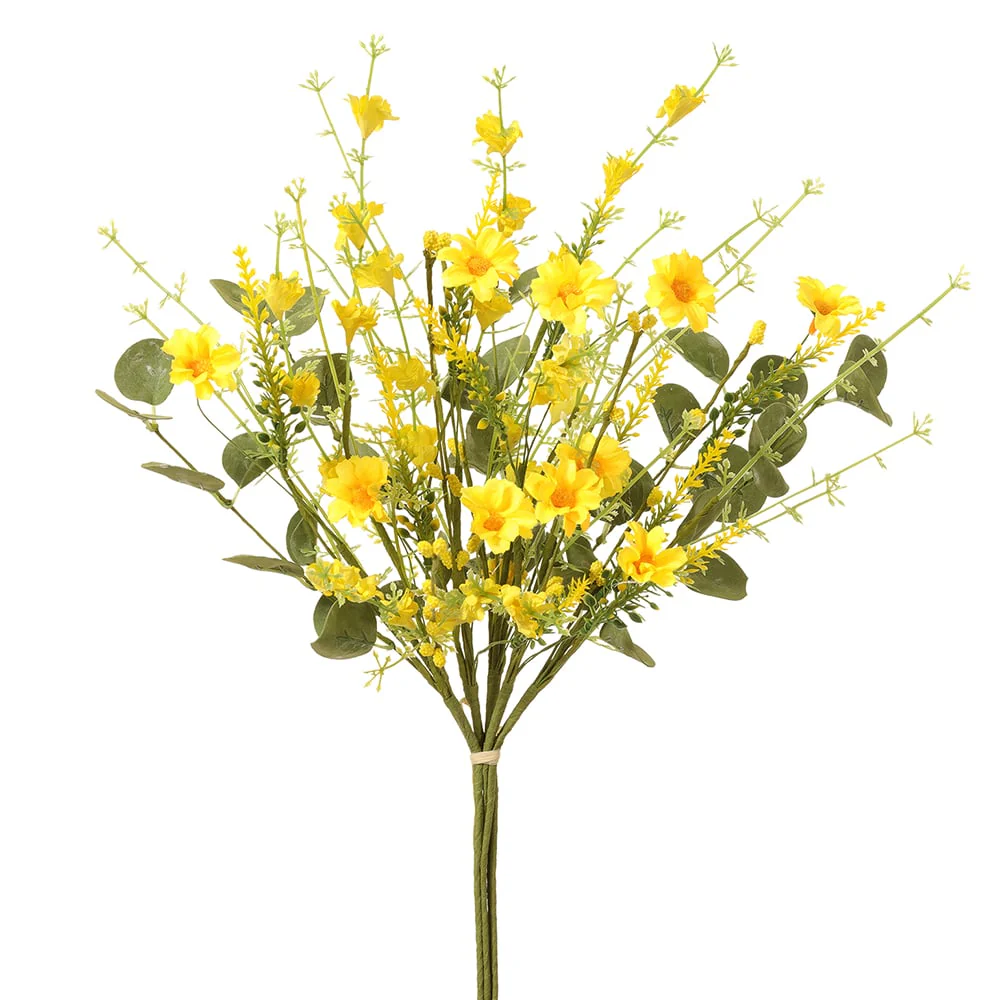 16" Daisy & Eucalyptus Silk Flower Stem Bundle -Yellow (Pack of 12)