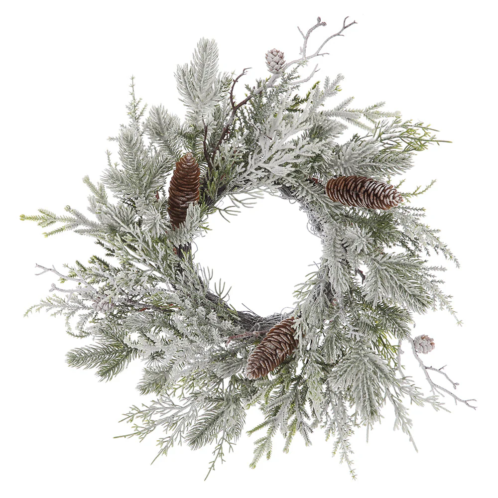 16" Flocked Artificial Pinecone & Pine Wreath -White/Green (Pack of 2)