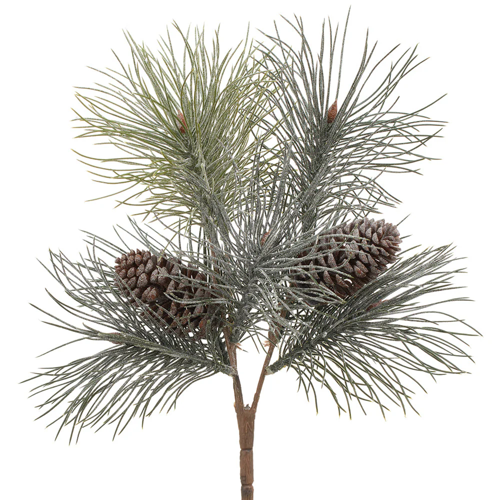 16" Flocked Long Needle Pine & Pinecone Artificial Stem Pick -Brown/Green (Pack of 6)
