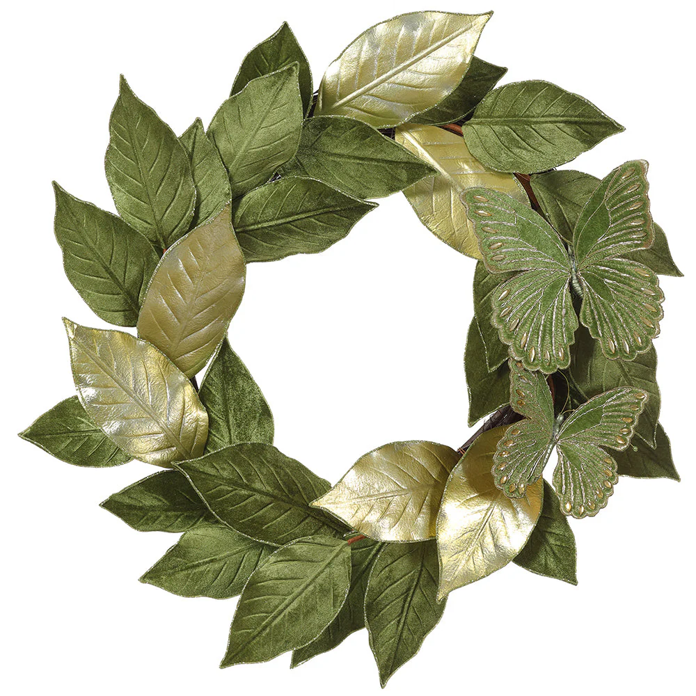 16" Metallic Velvet Artificial Magnolia Leaf & Butterfly Wreath -Green (Pack of 2)