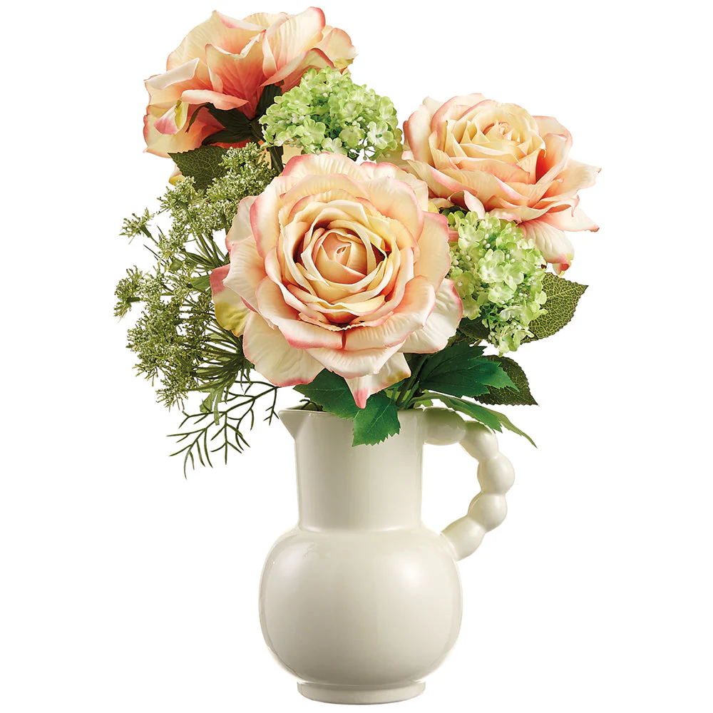 16" Mixed Silk Rose & Snowball Flower Arrangement w/Ceramic Pitcher -Yellow/Green