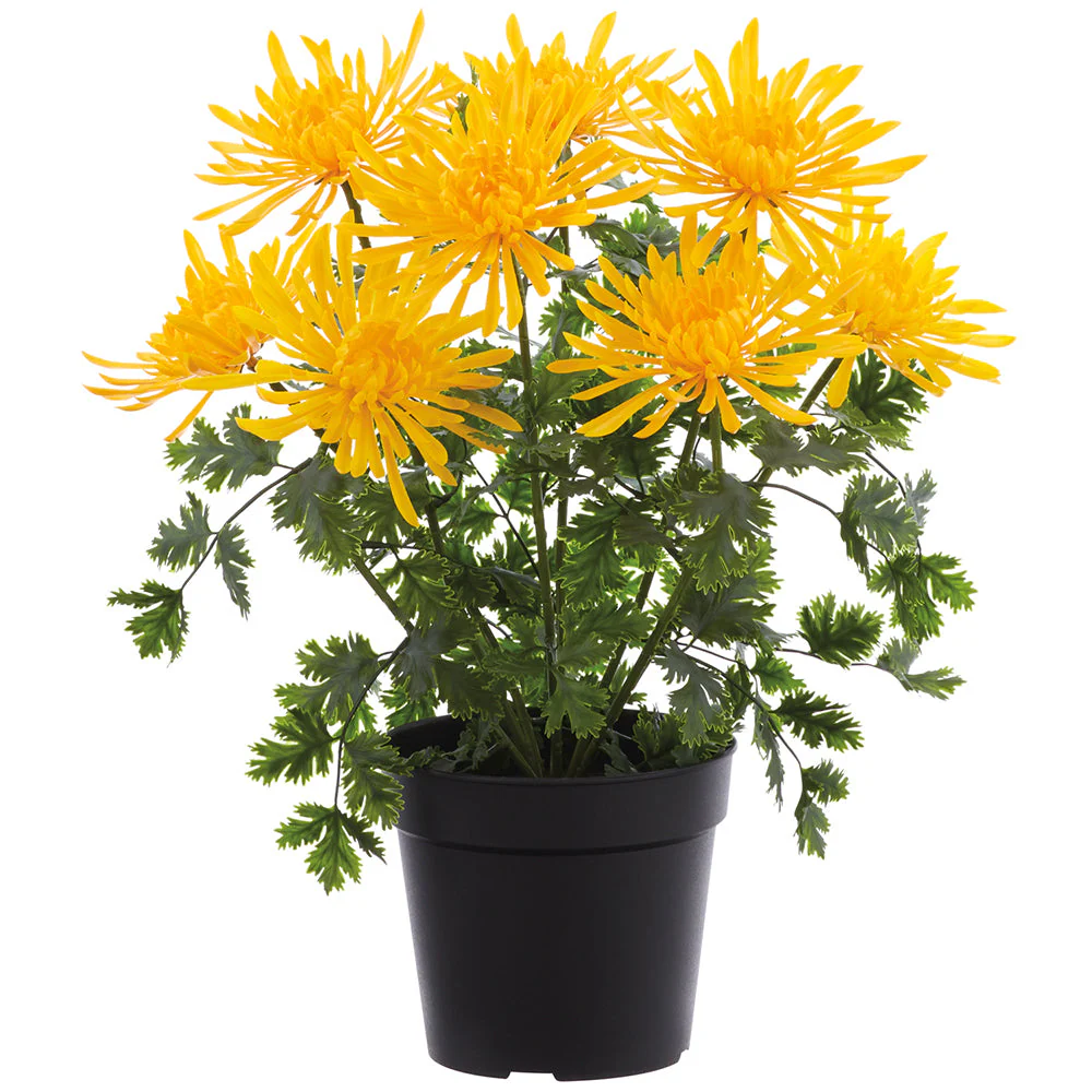 16" Outdoor UV-Resistant Artificial Flowering Mum Plant w/Pot -Yellow (Pack of 4)