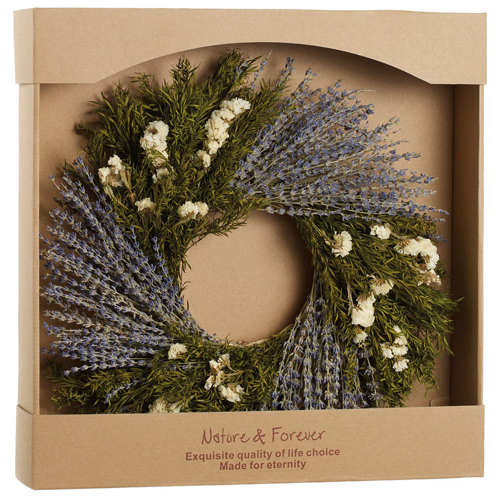 16" Preserved Lavender & Statice Flower Wreath -Lavender/White