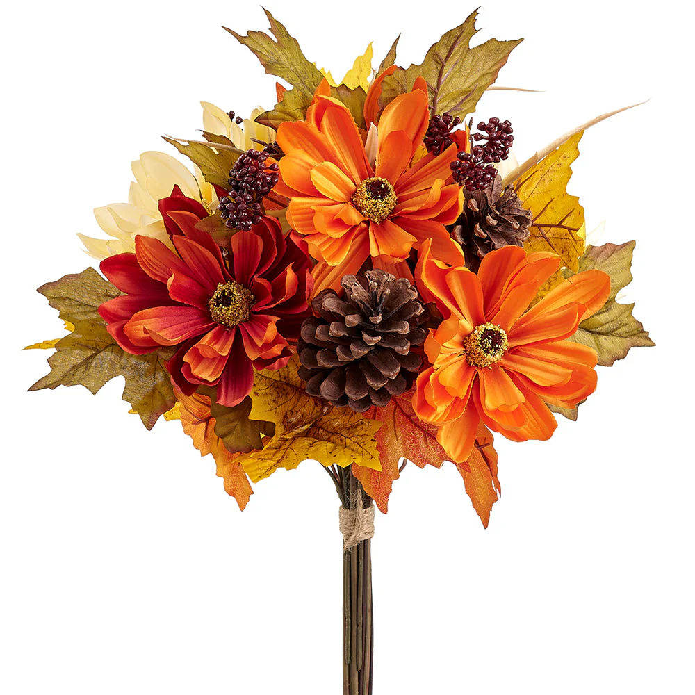 16" Silk Daisy, Pinecone & Maple Leaf Bouquet -Orange/Cream (Pack of 6)