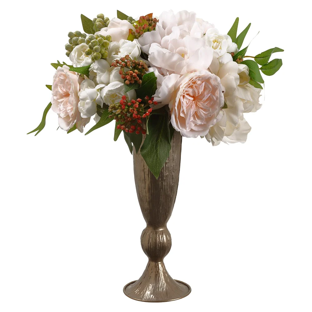 16"Hx12"W Silk Peony & Ranunculus Flower Arrangement w/Vase -White/Pink
