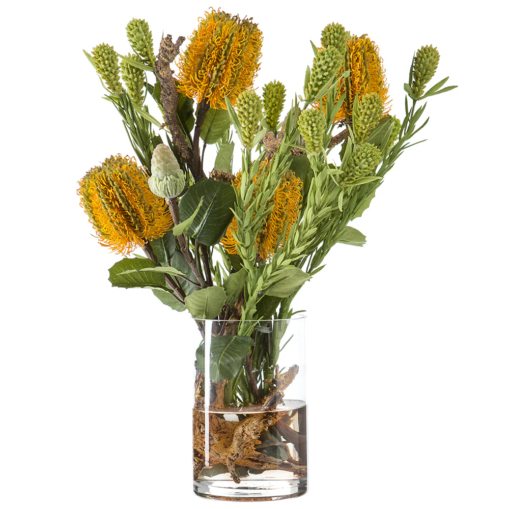 16"Hx13"W Leucadendron, Banksia & Driftwood Silk Flower Arrangement w/Glass Vase -Yellow/Green