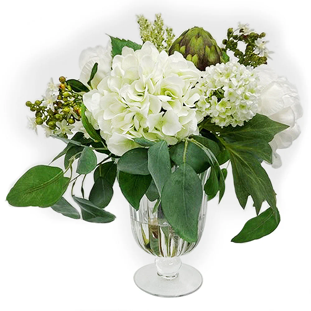 16"Hx19"W Hydrangea, Peony & Artichoke Silk Flower Arrangement w/Glass Vase -White/Green
