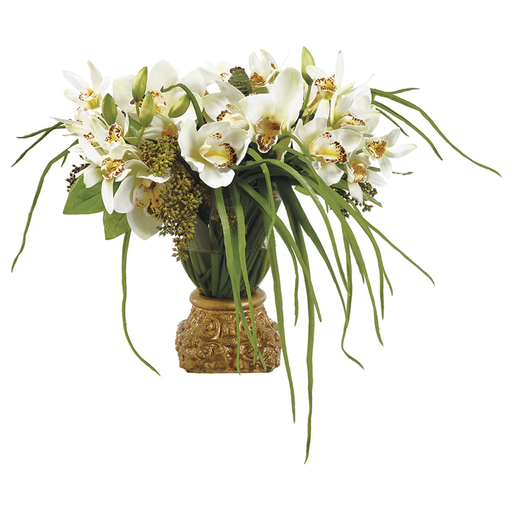 16"Hx24"W Silk Cymbidium Orchid Flower & Sedum Arrangement w/Gold Vase -Cream/Green