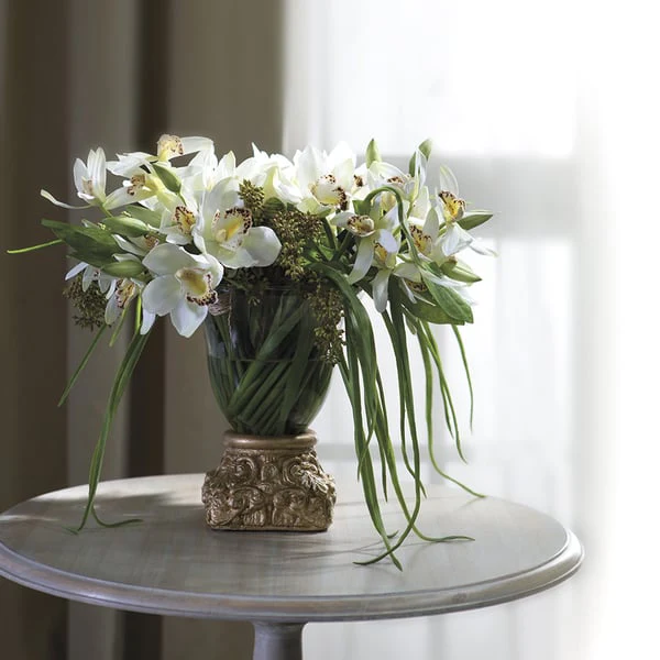 16"Hx24"W Silk Cymbidium Orchid Flower & Sedum Arrangement w/Gold Vase -Cream/Green - Image 2