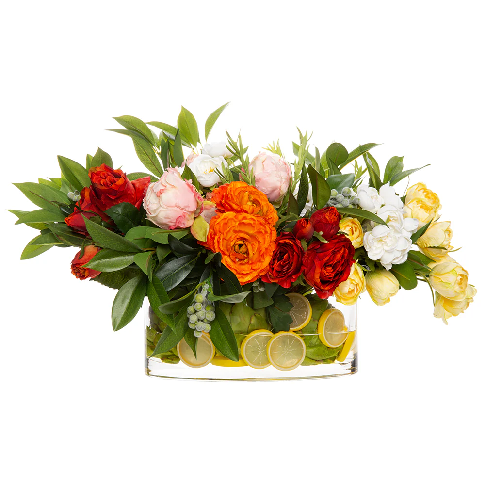 16"Hx25"W Ranunculus, Peony & Lemon Silk Flower Arrangement w/Glass Vase -Cream/Green