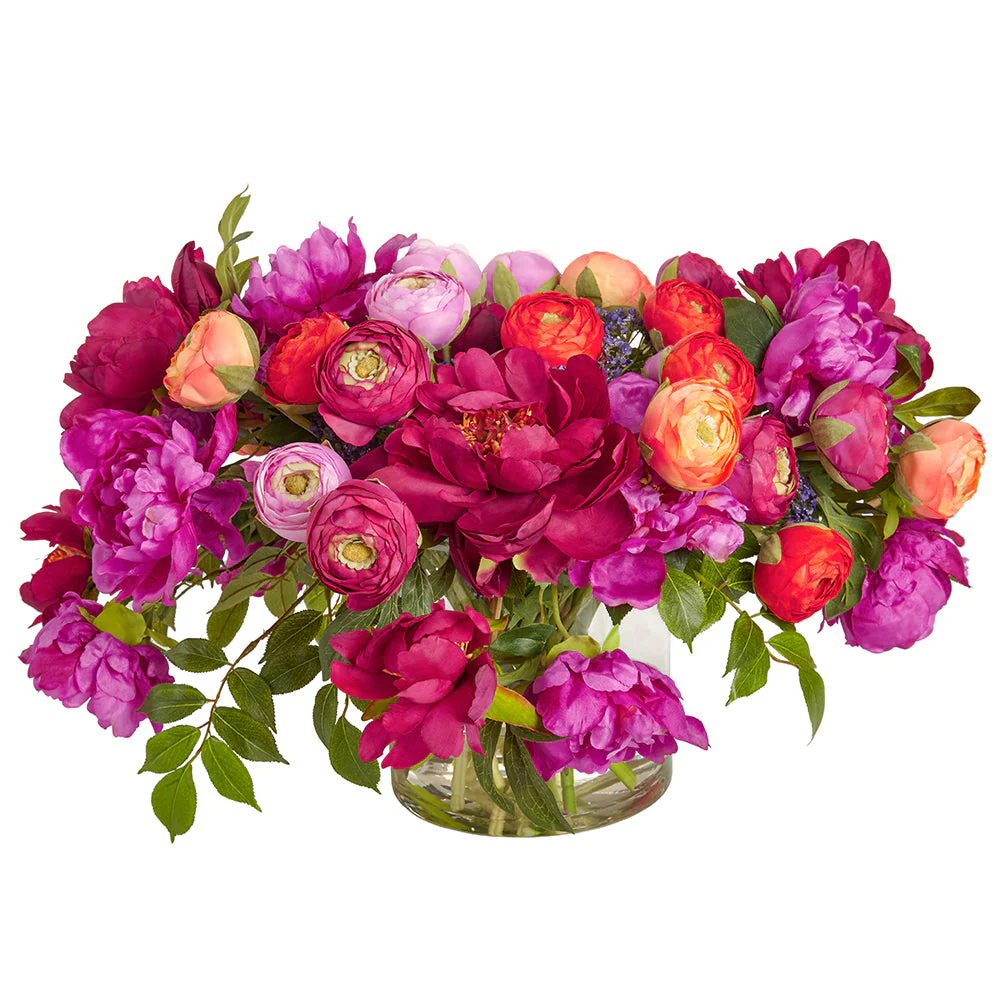 16"Hx27"W Mixed Ranunculus, Peony & Queen Anne Silk Flower Arrangement w/Glass Vase -Mixed Colors