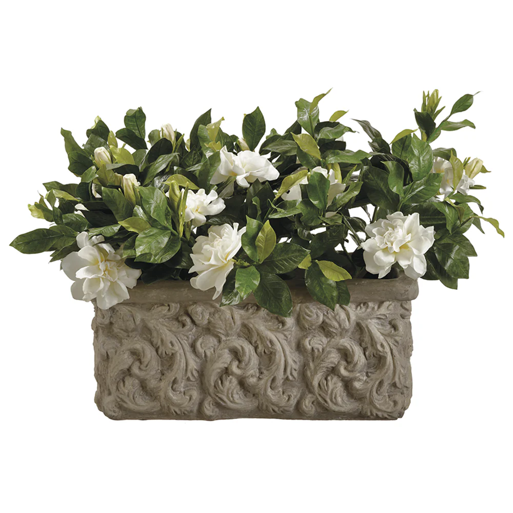 17.5" Silk Gardenia Flower Arrangement w/Stone Pot -Cream/Green