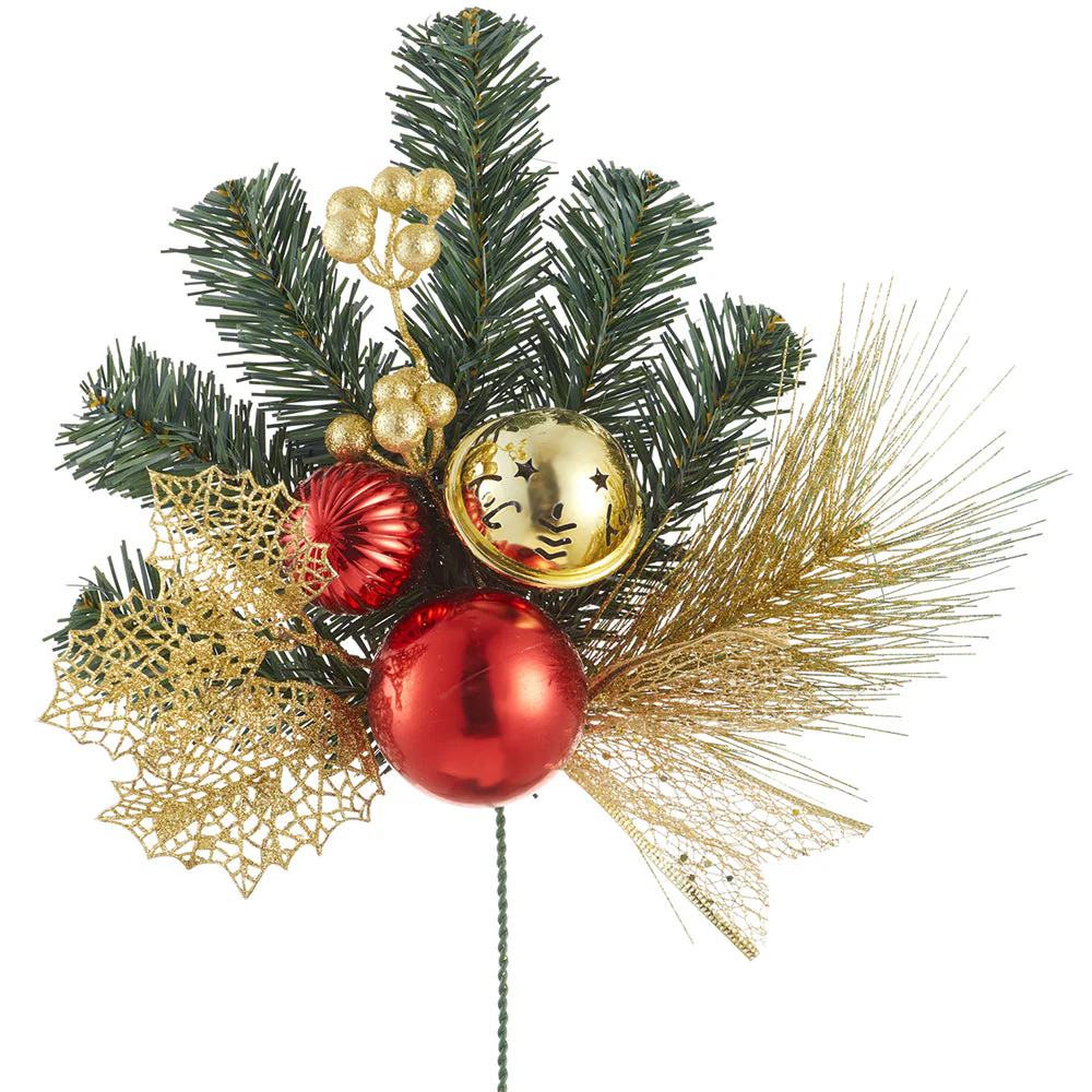 17" Artificial Ball, Berry & Pine Stem -Gold/Red (Pack of 12)