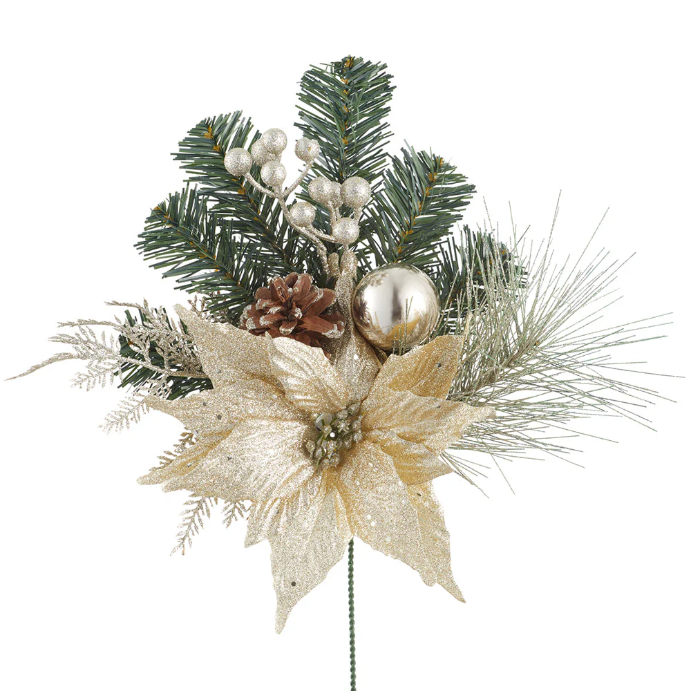 17" Artificial Poinsettia Flower, Ball & Pine Stem -Champagne/Green (Pack of 12)