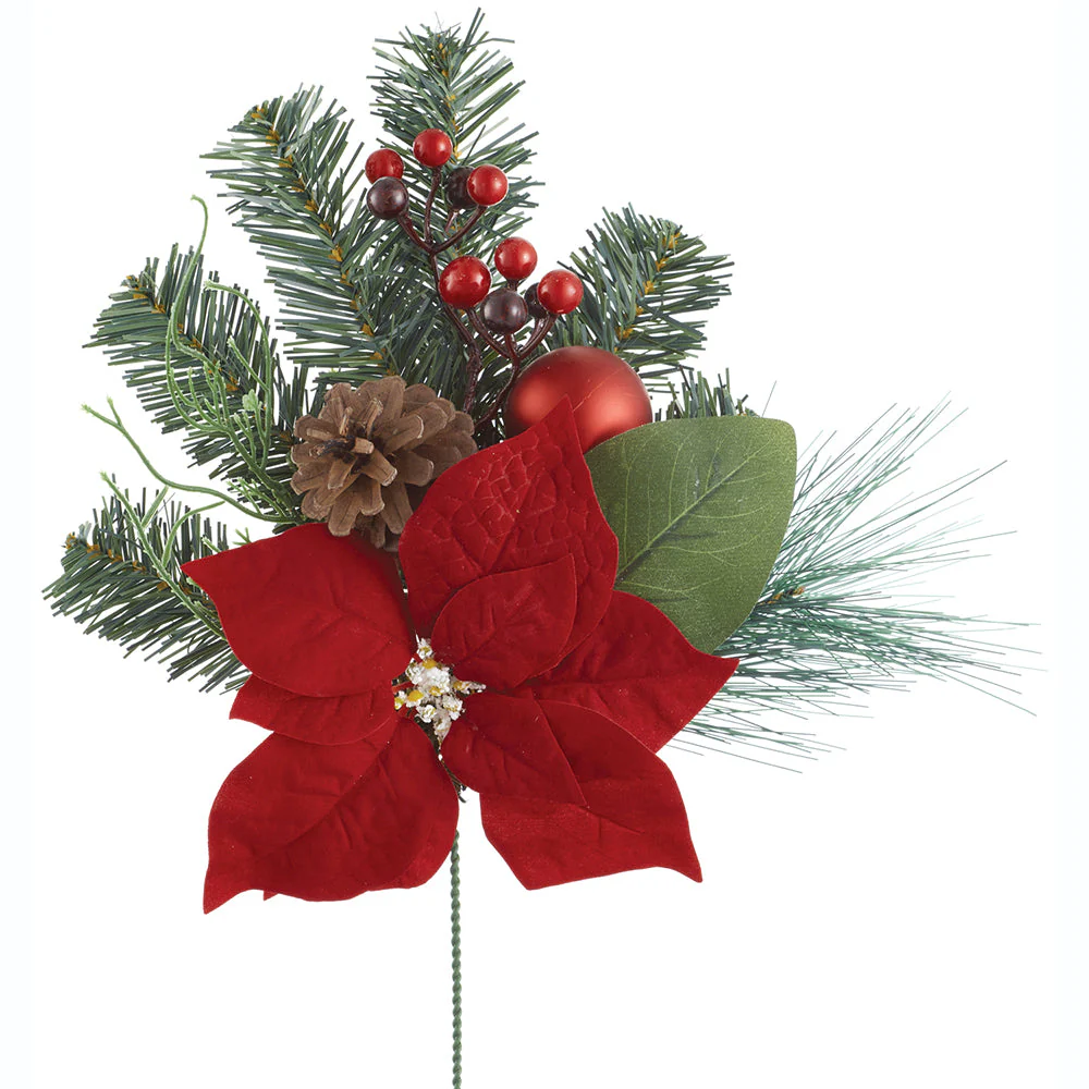 17" Artificial Poinsettia Flower, Berry & Pine Stem -Red/Green (Pack of 12)