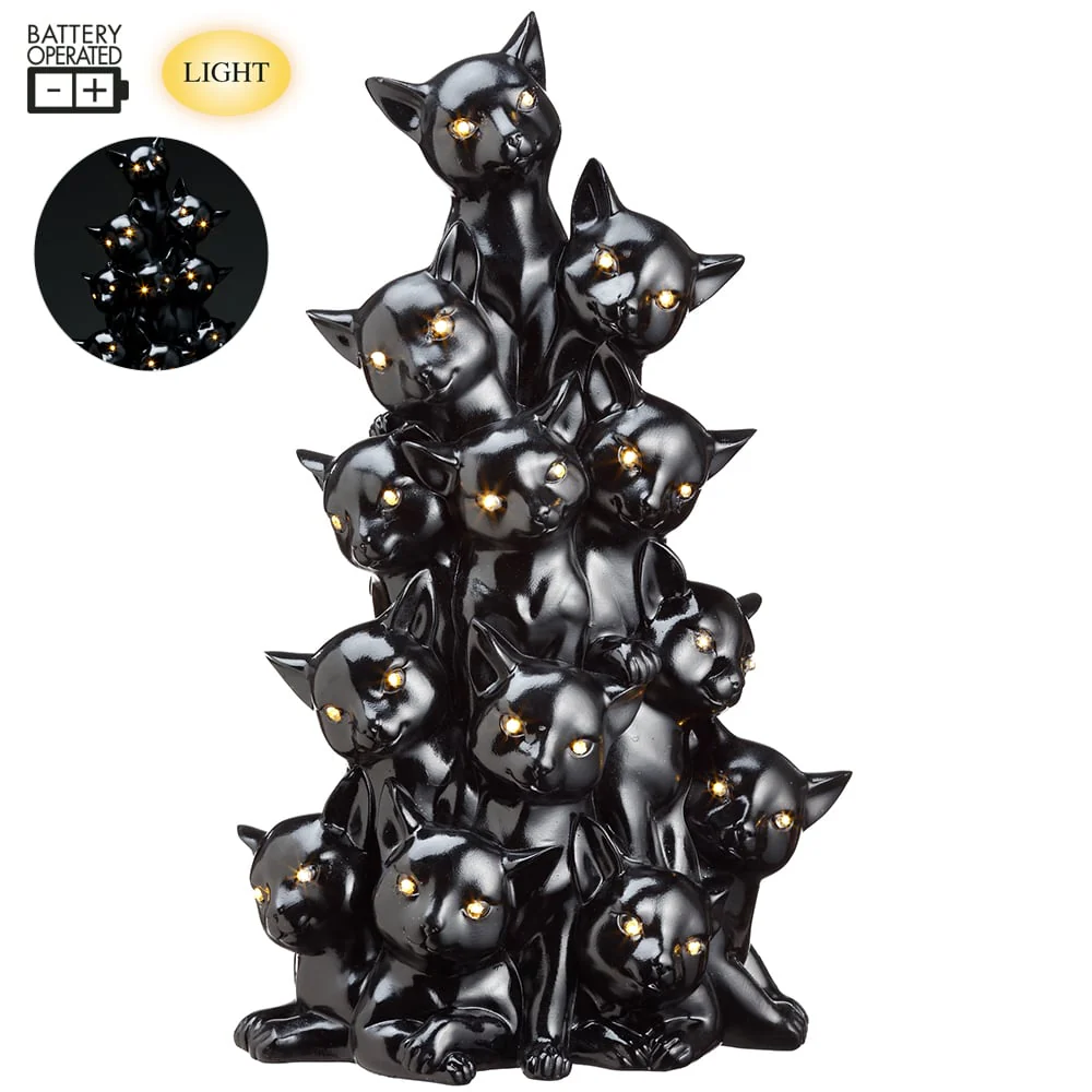 17" Battery Operated Halloween Cat Tree With Light -Black