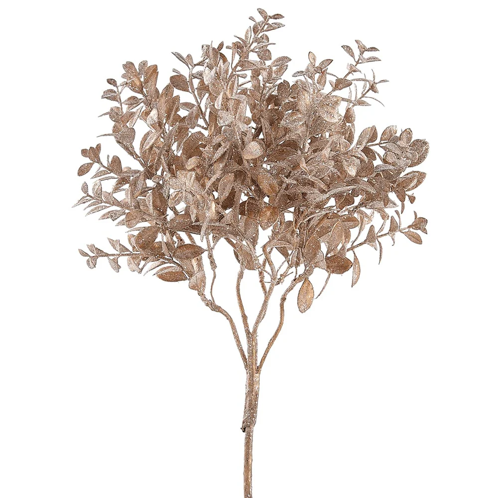 17" Glittered Artificial Mini Boxwood Leaf Stem -Champagne (Pack of 12)