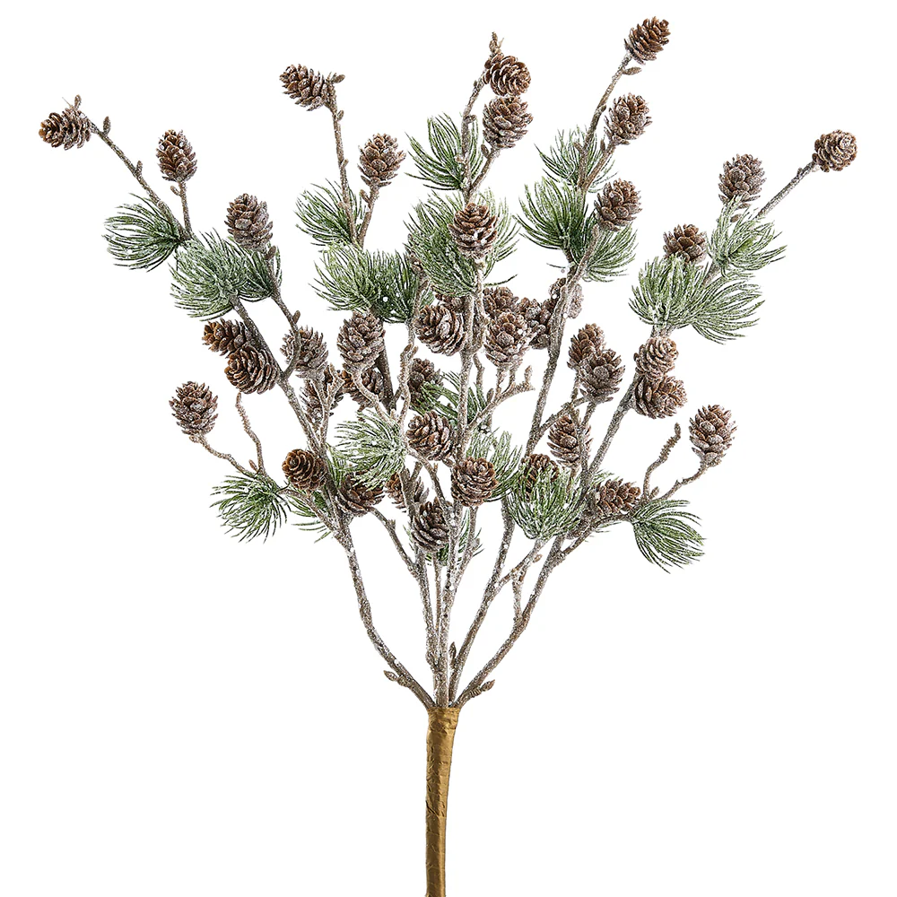 17" Glittered Pine & Pinecone Artificial Stem -Green/Brown (Pack of 6)