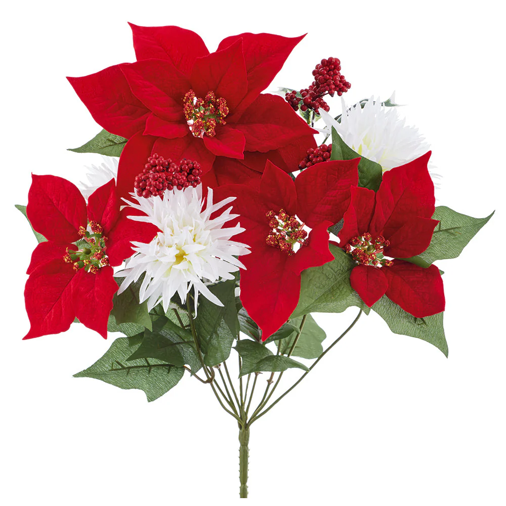 17" Mixed Poinsettia, Mum & Berry Silk Flower Bush -Red/White (Pack of 12)