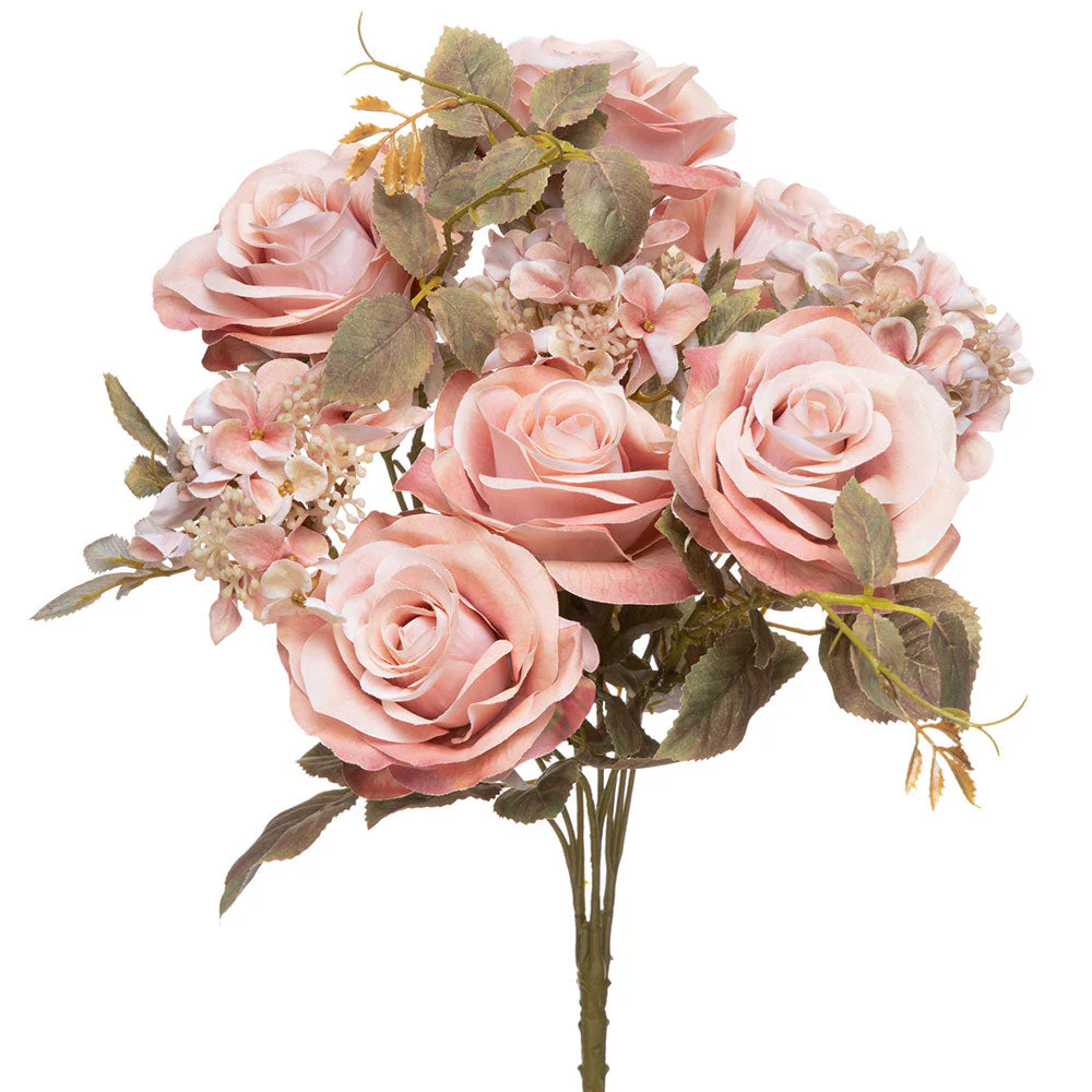17" Outdoor UV-Resistant Artificial Rose & Hydrangea Flower Bush -Pink (Pack of 12)