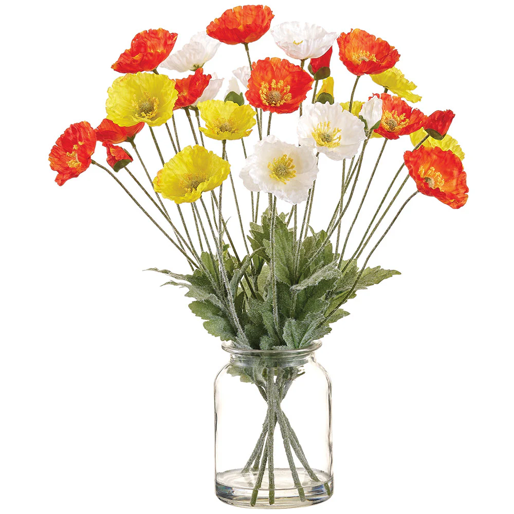 17" Poppy Silk Flower Arrangement w/Glass Vase -Orange/Yellow