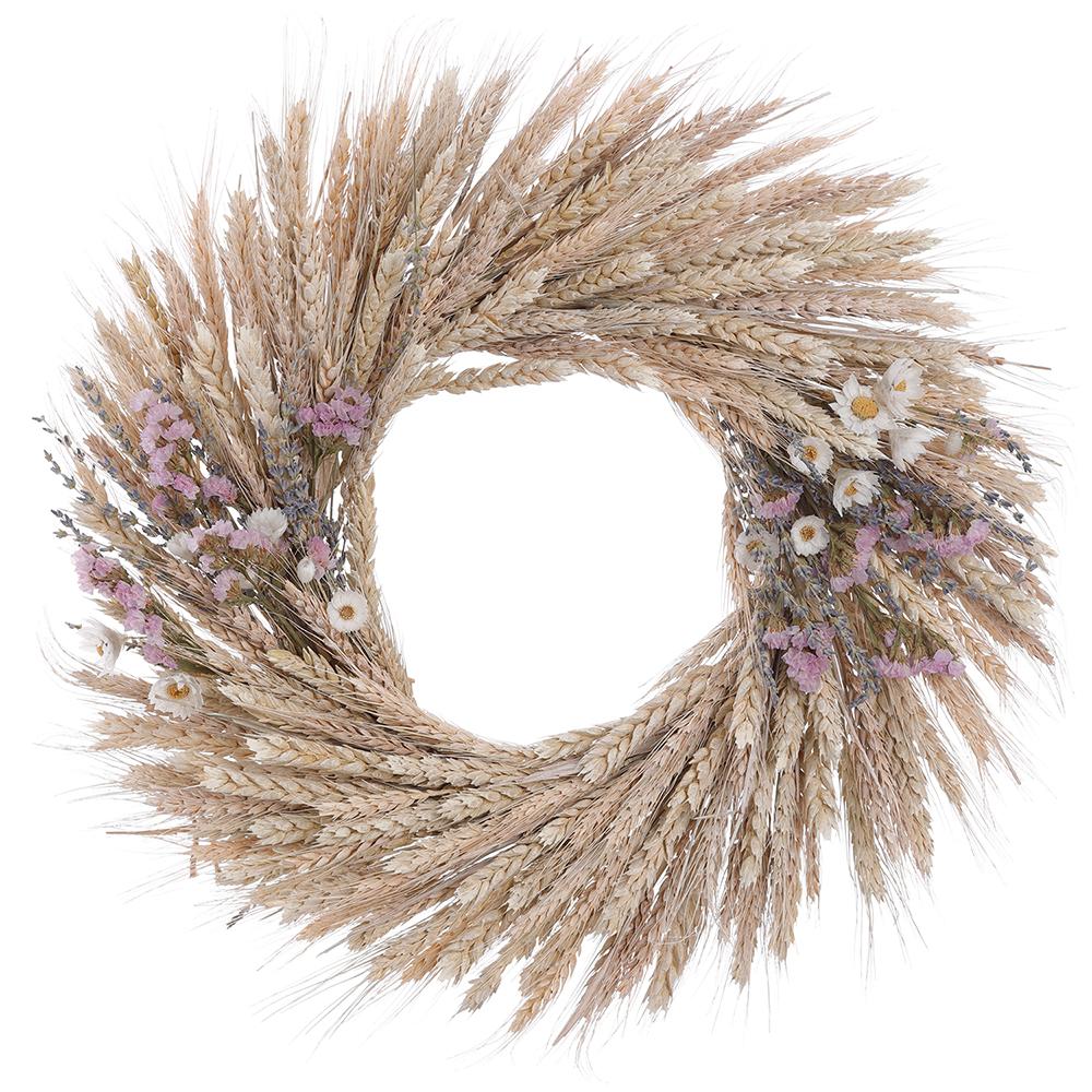 17" Preserved Wheat & Mini Daisy Flower Wreath -Cream/Lavender - Image 2