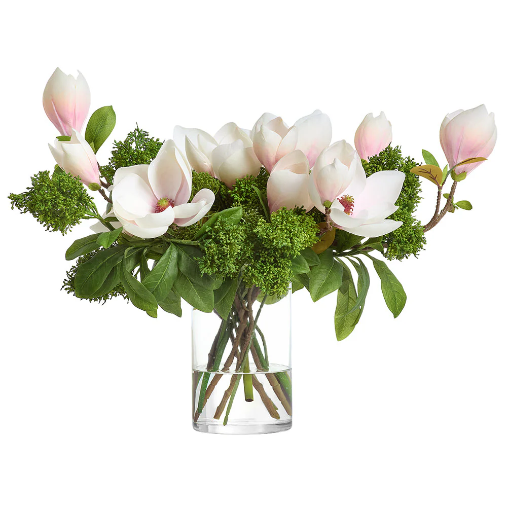 17"Hx20"W Magnolia & Sedum Silk Flower Arrangement w/Glass Vase -Pink/Blush