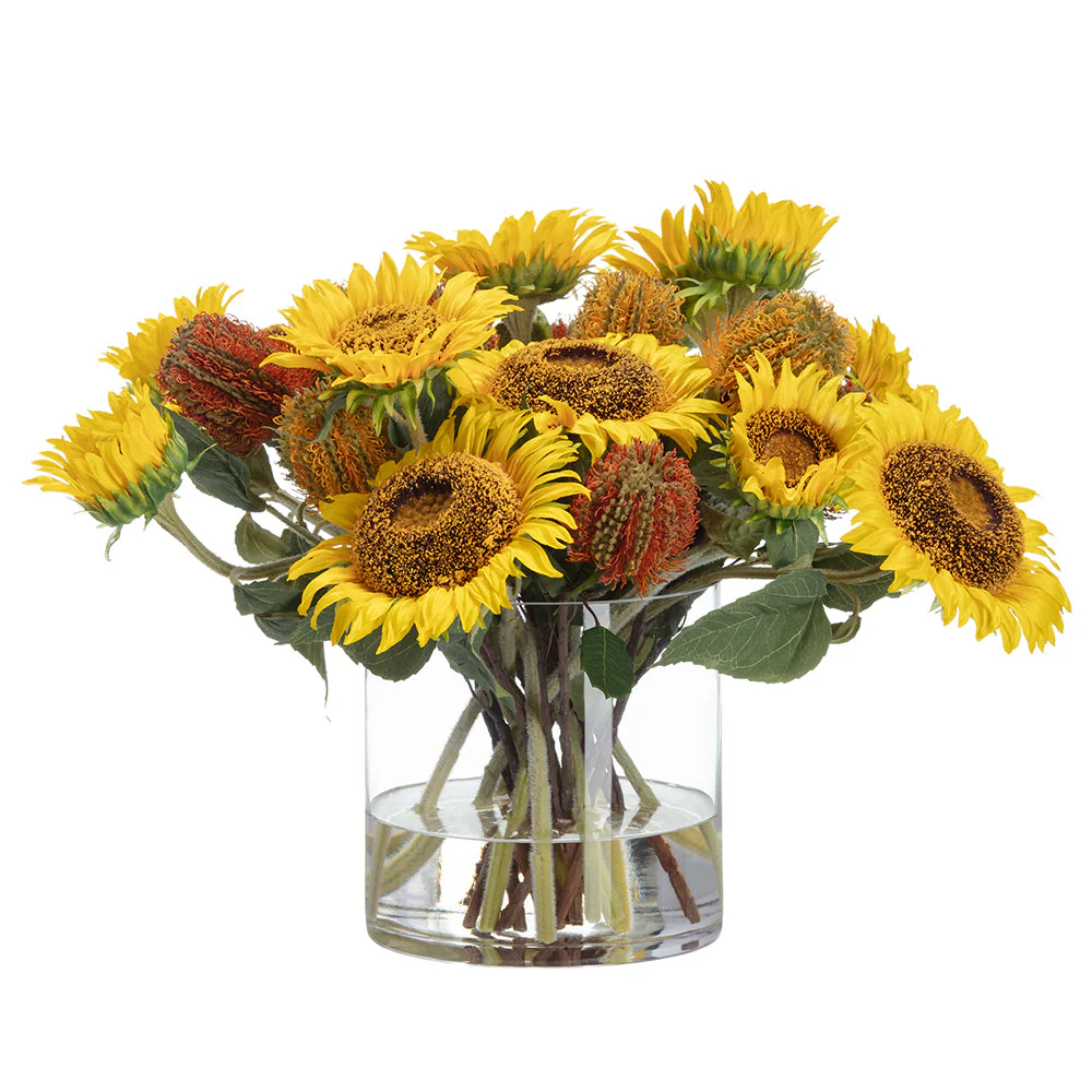 17"Hx24"W Sunflower & Banksia Protea Silk Flower Arrangement w/Glass Vase -Yellow/Orange