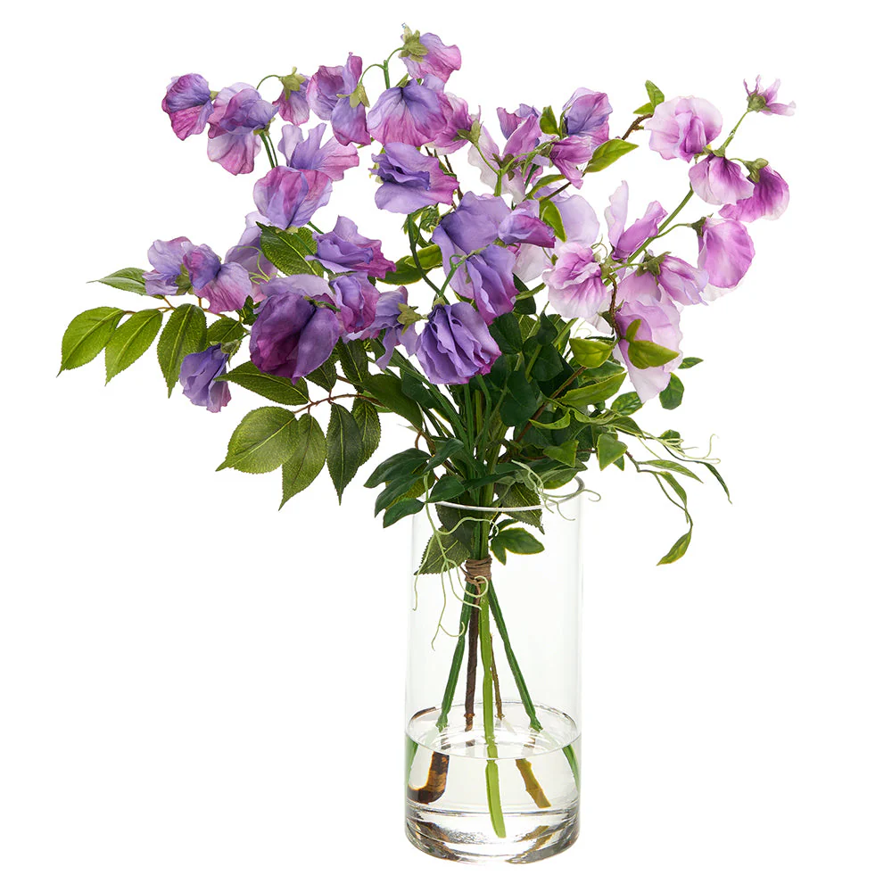 18.5"Hx15"W Sweet Pea Silk Flower Arrangement w/Glass Vase -Lavender/Green